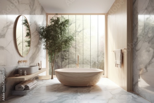 A huge round tub  marble walls  and a tiled wall fragment can be seen in this bathroom s interior. a mockup. Generative AI