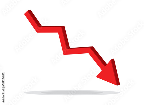 Red 3d arrow going down stock icon on white background. Bankruptcy, financial market crash icon for your web site design, logo, app, UI. graph chart downtrend symbol.chart going down sign. 
