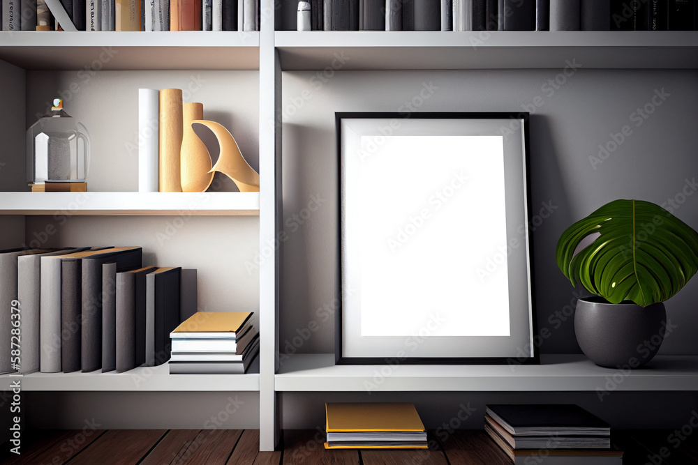 Blank frame on shelf among books in the living room. Template for ...
