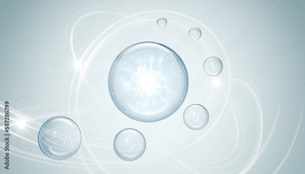 cosmetic moisturizer water molecule, Cosmetic Essence, Liquid bubble, Molecule inside Liquid Bubble on water background, 3d rendering cosmetic moisturizer water molecule, Cosmetic Essence, Liquid bubble, Molecule inside Liquid Bubble on water background, 3d rendering