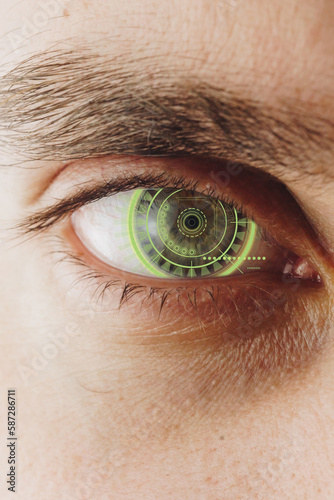 Eye with a futuristic vision of a person, control and protection of people, access control and security. Concept: DNA system, science and technology, artificial intelligence. Scanning, security