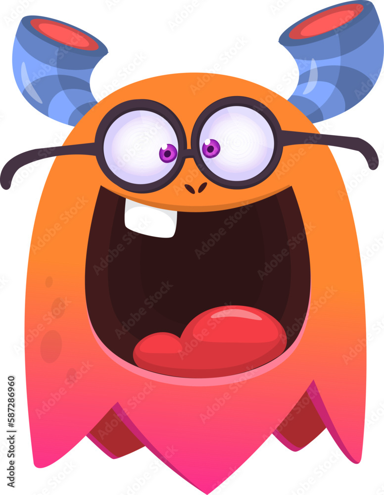 Fototapeta premium Funny cartoon monster character wearing eyeglsses. Illustration of happy alien creature. Halloween design. Vector isolated