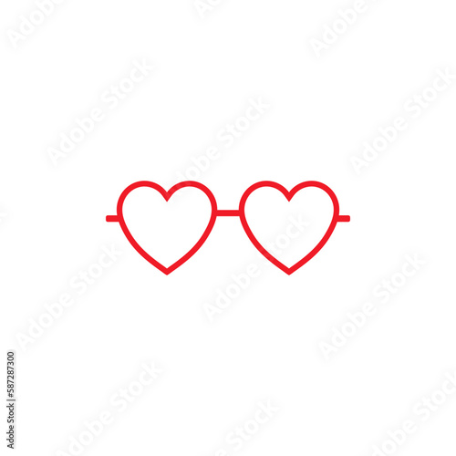 Red heart glasses with rims. Fun accessory for parties and pranks with stylish lenses and plastic vector frames