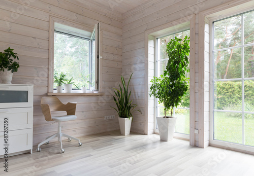 Scandinavian style room interior in a white wooden house, furniture and indoor plants © Olga Ionina