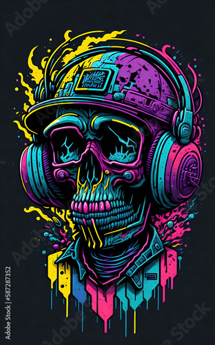 Colorful graffiti illustration of a cute skull, wearing headphones, vibrant color, great detail, Generative AI 