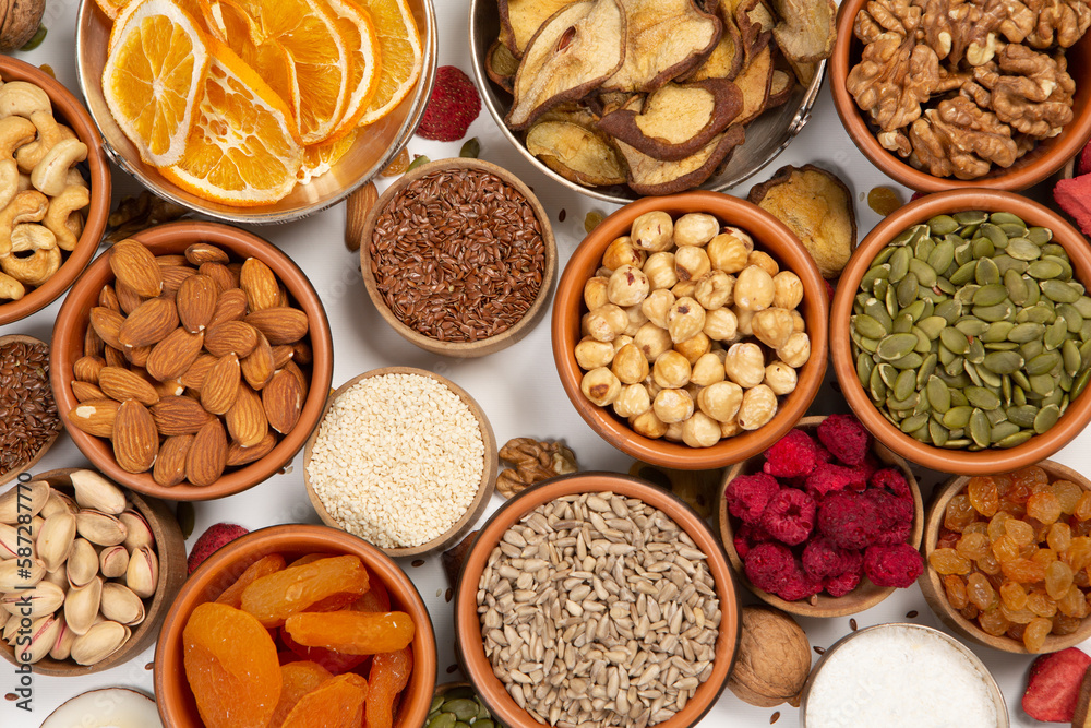 Set of Nuts Walnuts, Brazil Nut, Almond, cashew, Pine Nut peanuts, pistachios, pecans collection Isolated, Set of different delicious organic nuts on white background