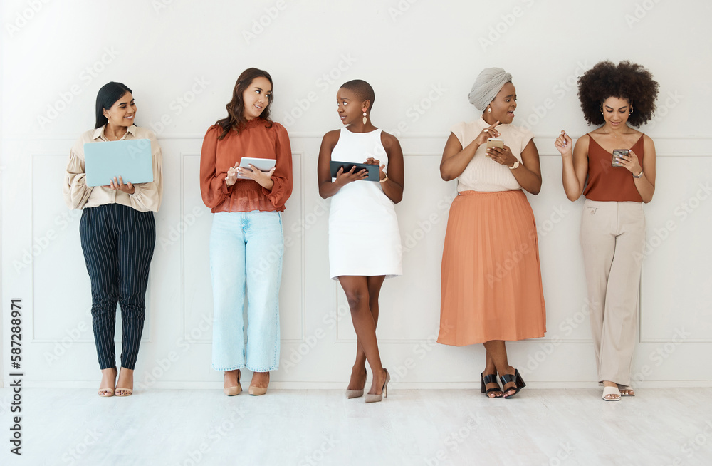 Businesswomen, networking and communication in waiting room for social media, career opportunity or job search. Group of woman employees in multimedia collaboration, mobile app or network in a row Businesswomen, networking and communication in waiting room for social media, career opportunity or job search. Group of woman employees in multimedia collaboration, mobile app or network in a row