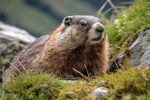 Marmot picture taken in the Swiss Alps. Generative AI © AkuAku
