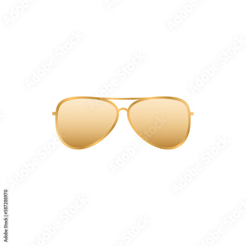 Gold aviator sunglasses. Elegance accessory to protect eyes from sun with stylish lenses and plastic vector frames.