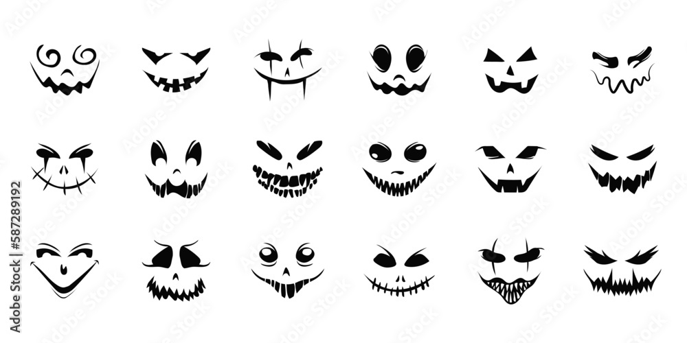 Monster and zombie creepy face. Evil holiday smile for halloween as devilish decoration and emotional expression of vector evil