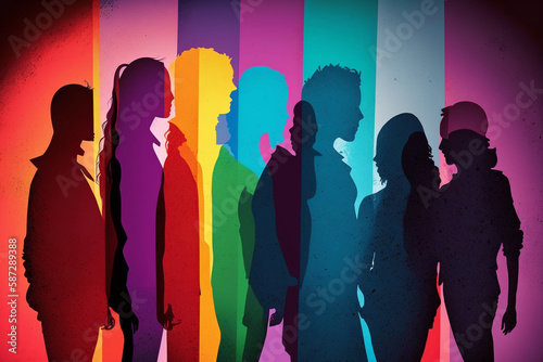 Silhouette of people in LGBTQ colors. Pride concept. Generative Ai