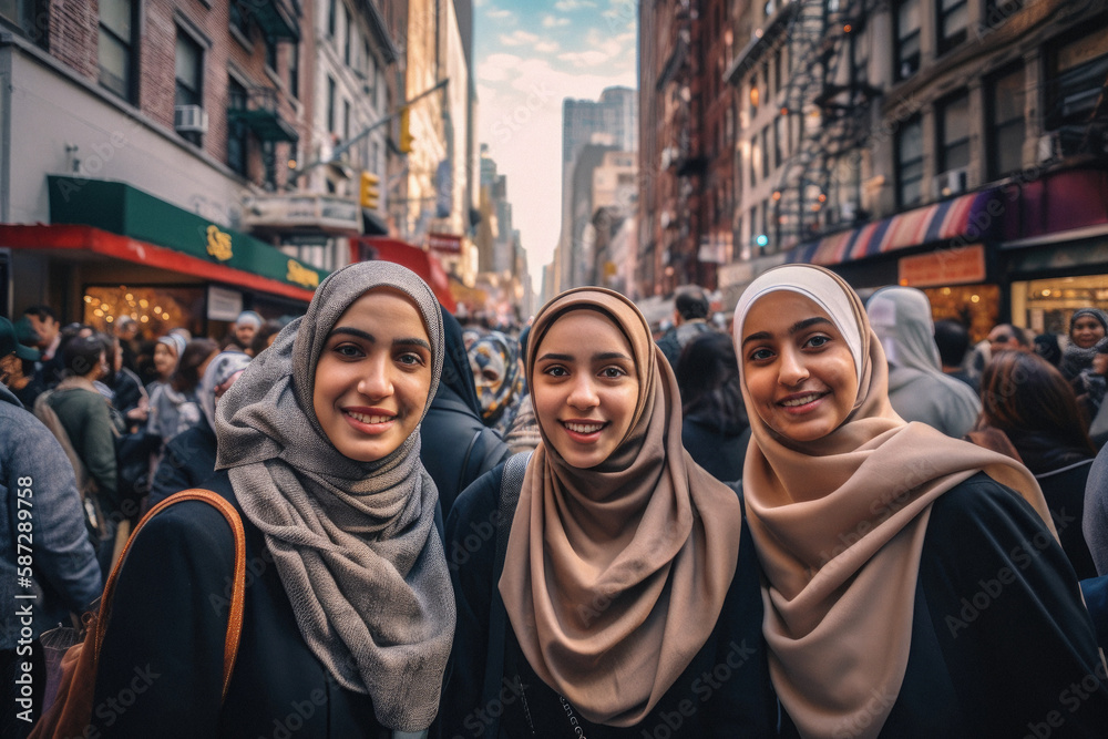 Fototapeta premium Portrait of three muslim young women wearing brown hijab and smiling and looking at camera in new york city streets. Inclusion concept. Generative AI.