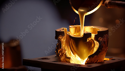 Foundry - molten metal poured from ladle for casting photo