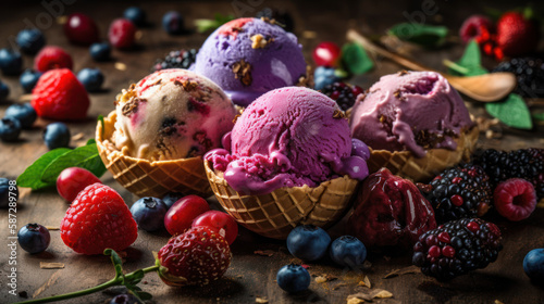 Fototapeta Naklejka Na Ścianę i Meble -  Cornets de glace et sorbets au parfum fruits rouges , fruits des bois et feuilles de menthe, boules de différentes couleurs et saveurs