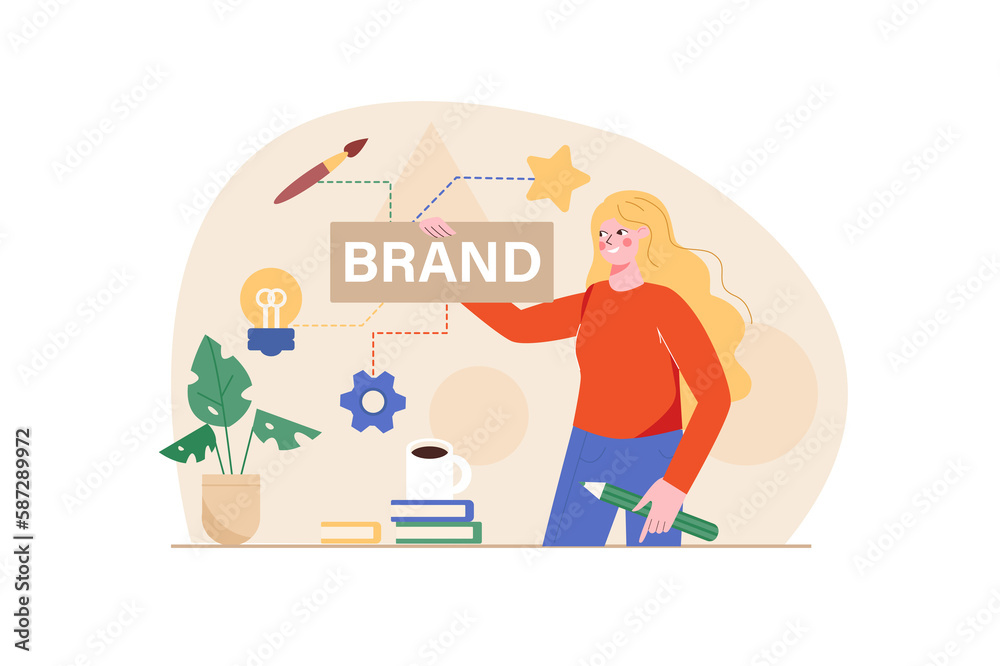 Orange concept Branding with people scene in the flat cartoon style. Creative designer is thinking about how to change the logo of one of the clients.