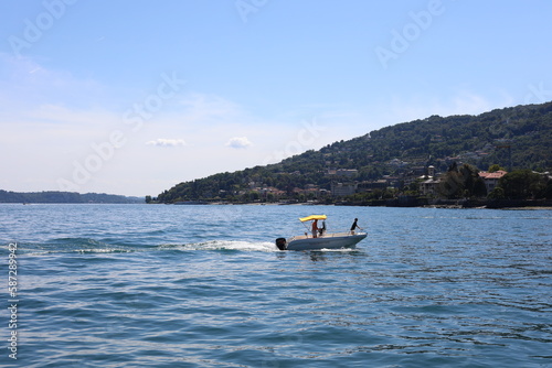 Scenic view of Lake Maggiore and the island of Isola Bella. Beautiful Italian landscape.