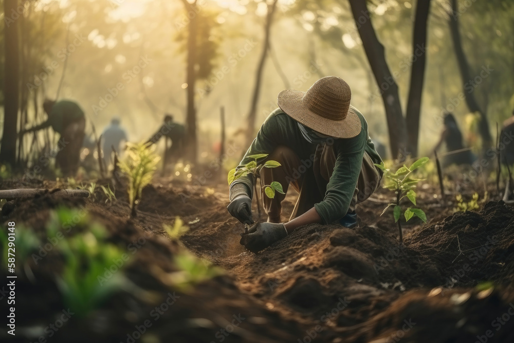 Hispanic Latin non recognizable man planting trees. Environmental friendly. Sustainable. Generative AI. Hispanic Latin non recognizable man planting trees. Environmental friendly. Sustainable. Generative AI.