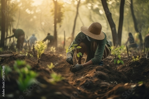 Hispanic Latin non recognizable man planting trees. Environmental friendly. Sustainable. Generative AI.