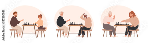 Set pf people playing chess, club, chess players