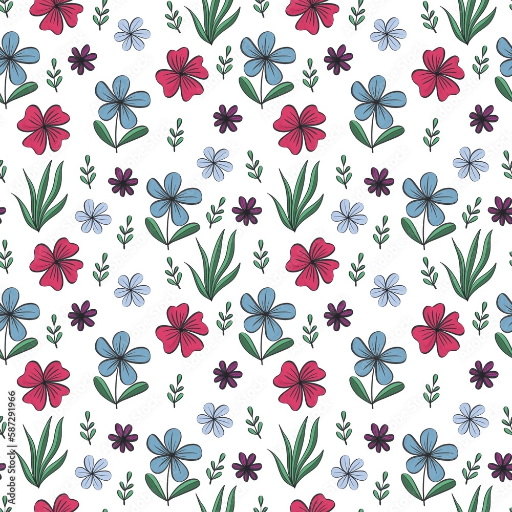 seamless pattern with cartoon flowers.hand drawing. design for fabric, print, textile, wrapper