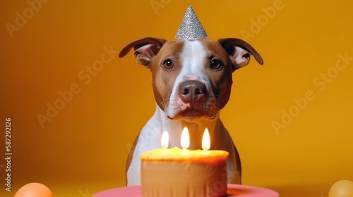 Dog with a birthday cap, Dog celebrating birthday on a yellow background photo