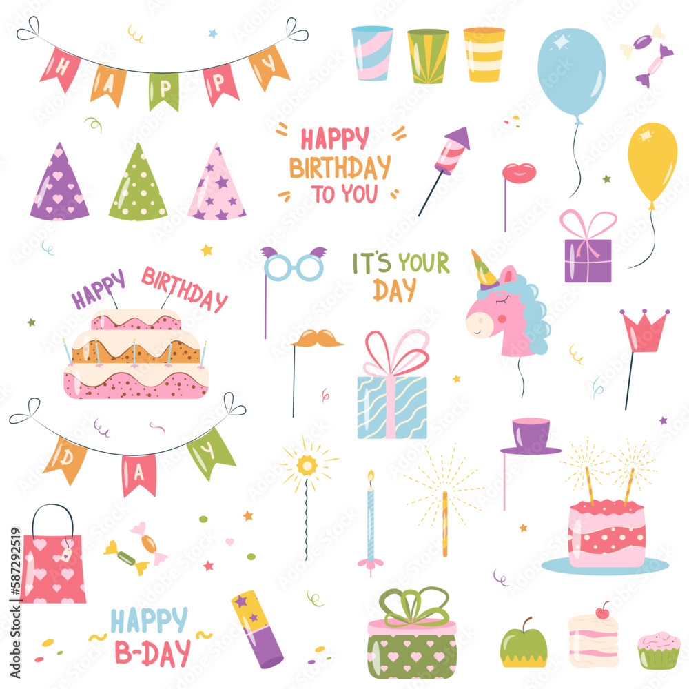Set of elements for a birthday party. Birthday vector illustration. Set for holiday greetings. Cartoon lettering.