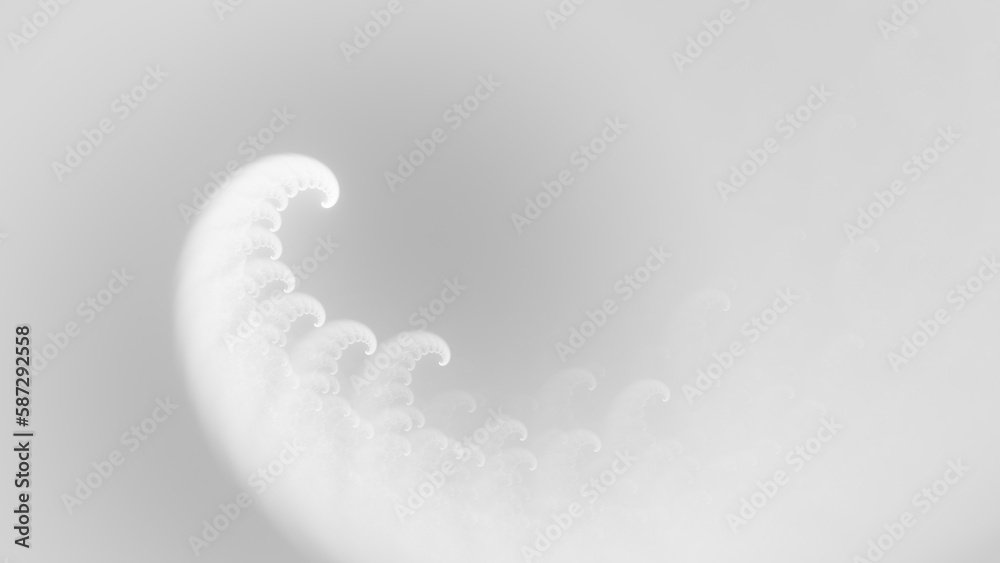 Fototapeta premium White abstract ethereal wispy smoke tentacles wallpaper background. Elegant minimal subtle light grey glowing smoky nautilus spiral banner backdrop. Ghostly sea creature tendril fractal 3D rendering.
