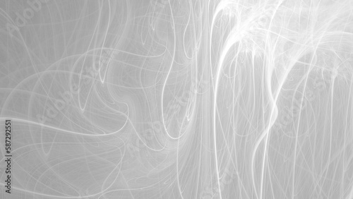 White abstract ethereal wispy smoke tendrils wallpaper background. Elegant minimal subtle light grey glowing smoky swirls texture or banner backdrop. Ghostly cosmic strings 3D fractal rendering.