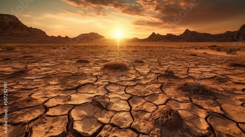 Cracked soil due to drought and lack of rain. Dry brittle earth in a desert at sunset. (Generative AI)
