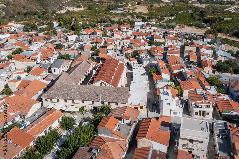 Aerial view of Omodos historic village, Troodos Mountains, Cyprus