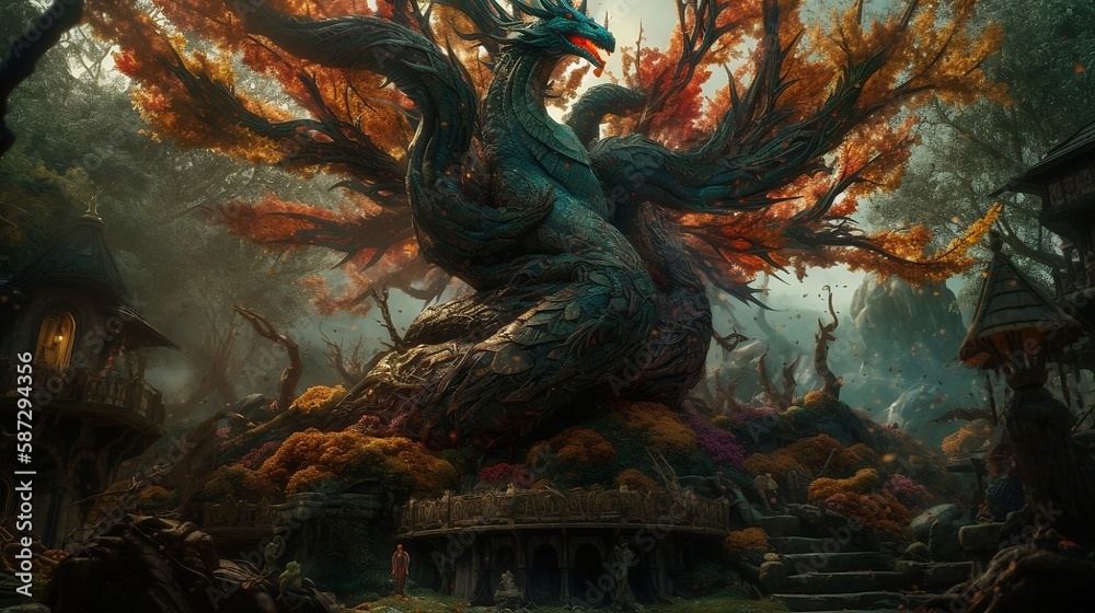 Fototapeta premium Explore a magical village in the forest with a dragon-like tree. This Generative AI Art piece takes you on a surreal journey through a mystical land. Perfect for home decor or commercial projects.