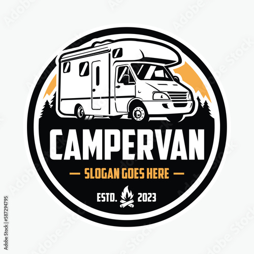 Campervan motorhome caravan emblem logo vector design template isolated
