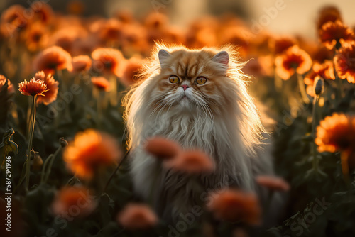 a beautiful cat sits among the flowers, genitive ai