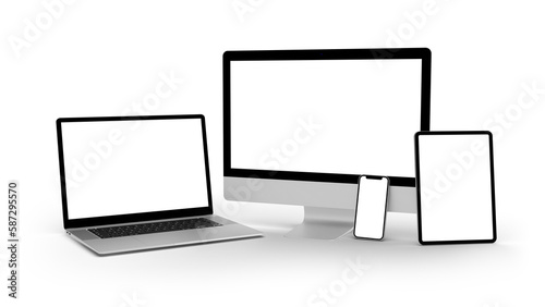 Laptop, Smartphone, Tablet and Monitor mockup isolated with transparent screen png
