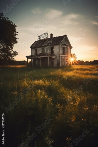house on the hill at sunset