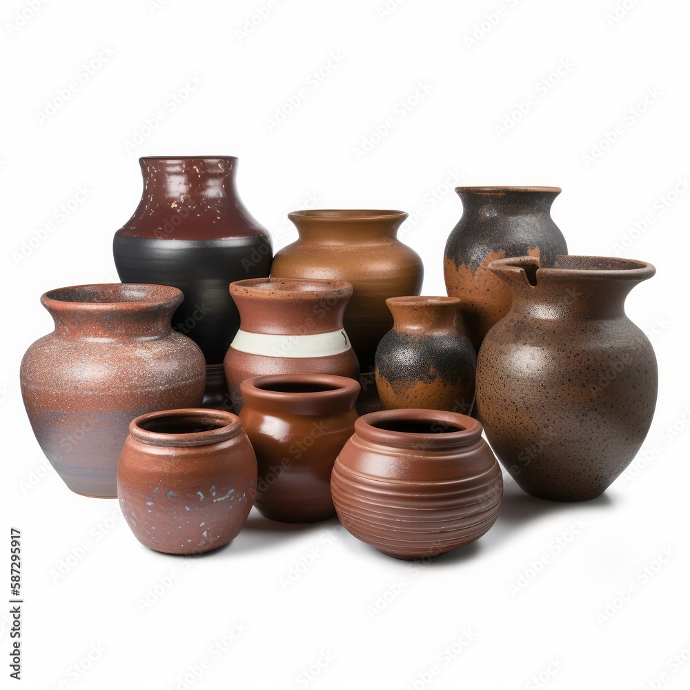 Generative AI illustration of clay pots arranged in row placed against white background Generative AI illustration of clay pots arranged in row placed against white background
