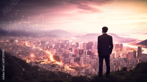 Businessman admiring the endless opportunities across a vast digital expanse, with an emerging city as a backdrop. Copy space for your text. Created with Generative AI.