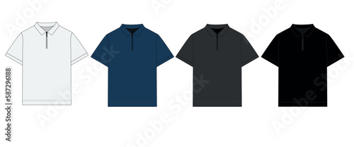 Collection of vector drawings of polo shirts with zipper, front view. Outline T-shirt template with collar, short sleeve. Sketch of a men's polo shirt with a zipper, blue, gray, white, black colors.