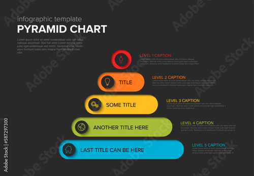 Vector Dark Infographic Pyramid chart diagram template with icons made from five stripes