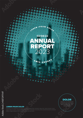 Dark annual report front cover page template with blue photo in halftone effect frame