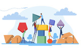 Colleague teamwork concept. Men and women build structure of geometric shapes. Collaboration for efficient business and workflow, partnership. People work at project. Cartoon flat vector illustration