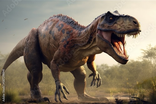 roaring T-Rex with jaws wide open. Generative AI © AkuAku