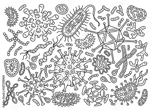 Set of doodle line bacterias. Collection of microbes and viruses in organism. Pathogen and microorganism. Medicine and biology. Cartoon flat vector illustrations isolated on white background