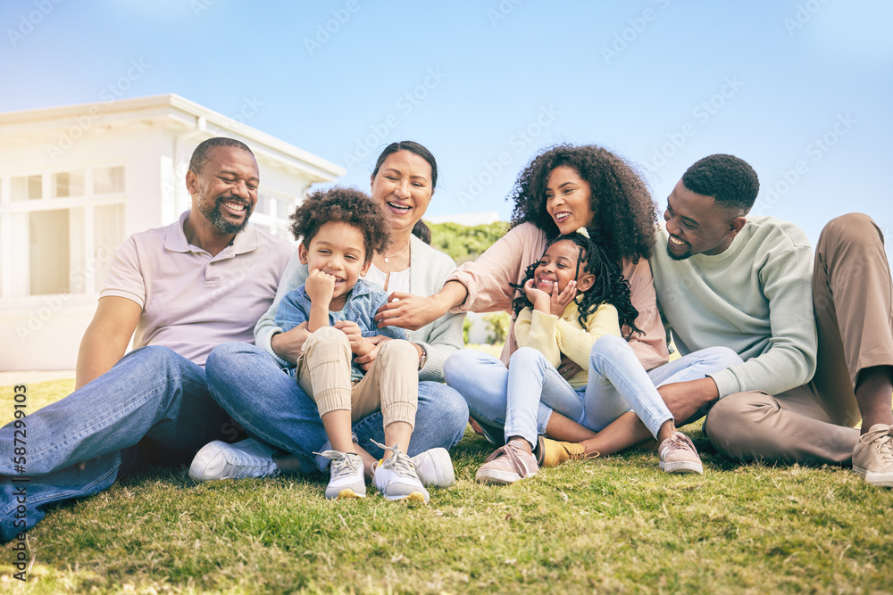 Obraz premium Family, outdoor and generations, relax together on grass with happiness, grandparents and parents with children. Happy people, summer and sitting on lawn, love and care with bonding and smile