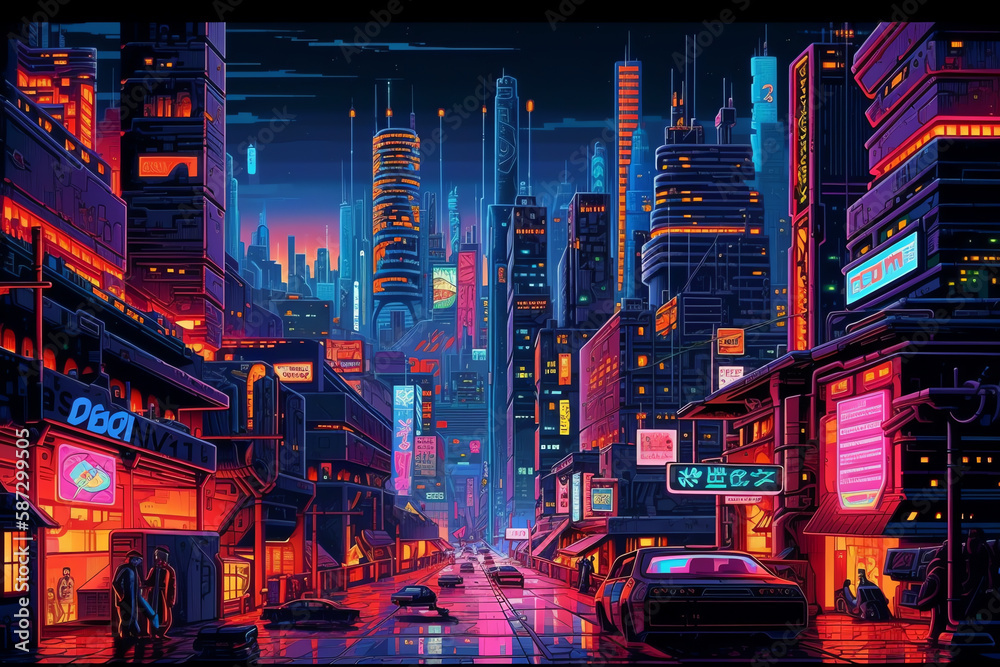 A futuristic cityscape, retro game style. digital art illustration. generative AI