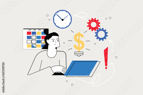 Financial planning line concept with people scene in the flat cartoon style. Economist calculates all expenses for various needs and plans budget.