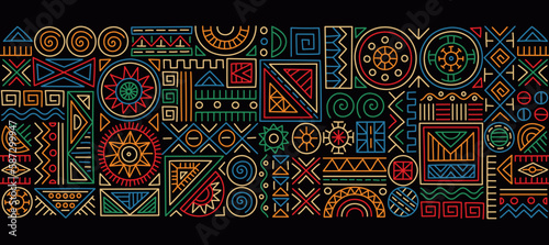 Ethnic pattern concept. Repeating seamless template with abstract geometric shapes. Background in traditional African style. Banner, cover or poster for website. Cartoon flat vector illustration photo