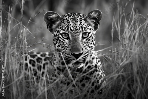 Black and white image of a leopard pounces in tall grass in South Africa s Kruger National Park. Generative AI