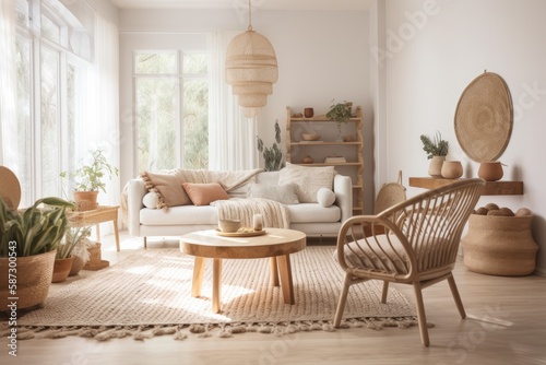 Blurred farmhouse living room. Sofa, rattan dresser, jute mat, and décor. Boho chic decor,. Generative AI photo