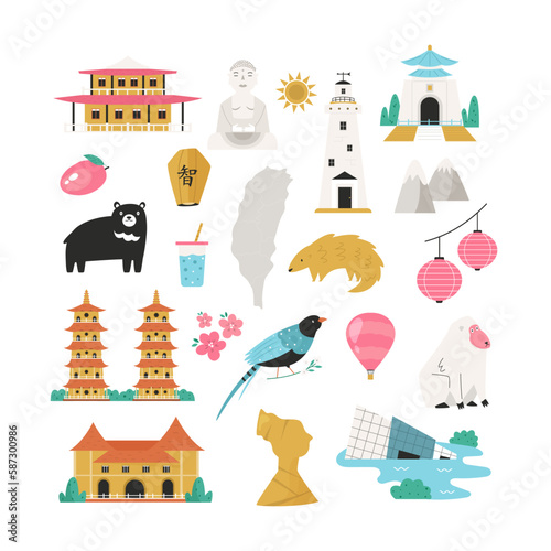 Vector colorful design, banner with icons, famous symbols of Taiwan